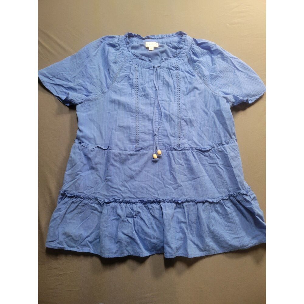 wonderly womens medium blue tiered babydoll top crochet trim wood bead tassel